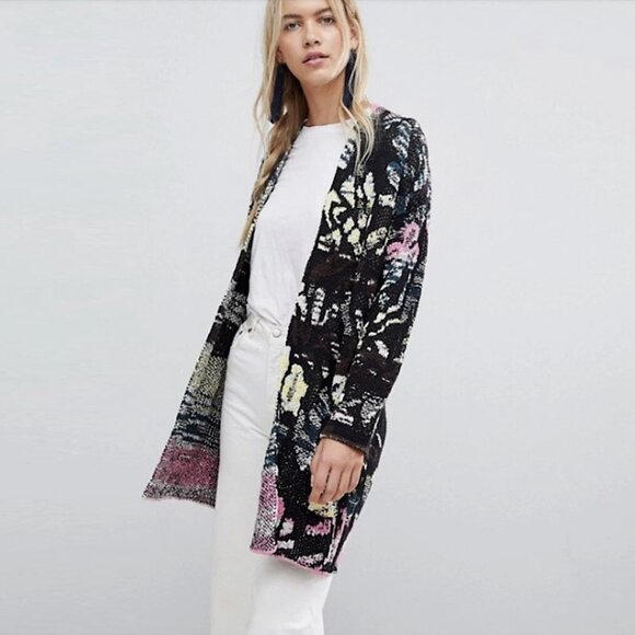 Free People Think Twice Cardigan Black Pink Yellow Abstract Knit Duster medium